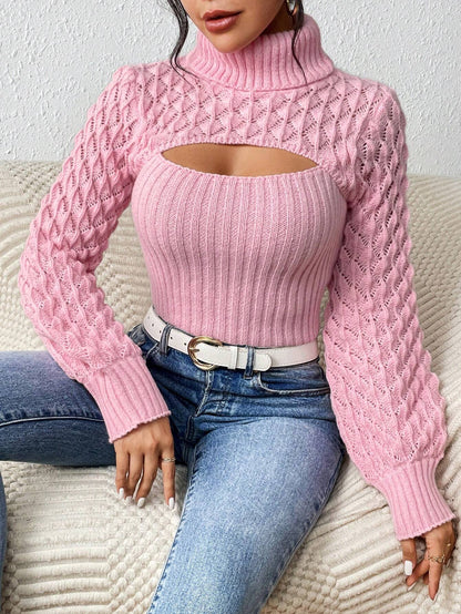 Chiquease Solid Turtleneck Cut Out Front Cable Knit Sweater,Long Sleeve Tops Knit Pullover Fall Winter Outfit