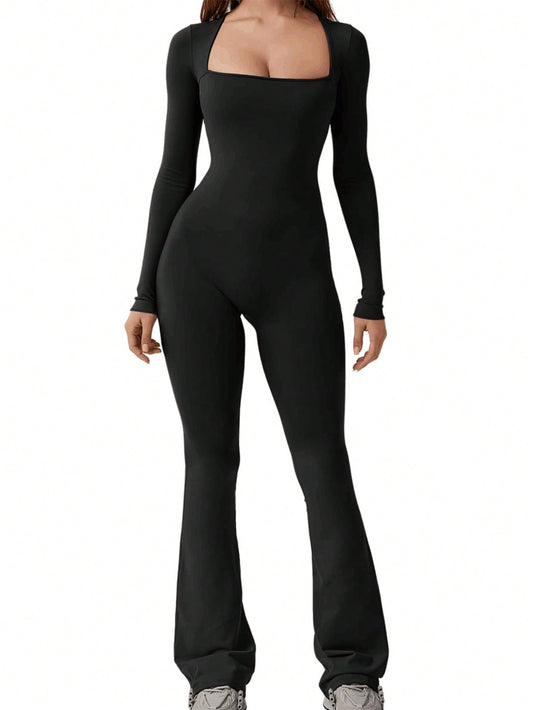 INAWLY Women'S Square Neck Long Sleeve Flare Jumpsuit Fall Cloth for Women