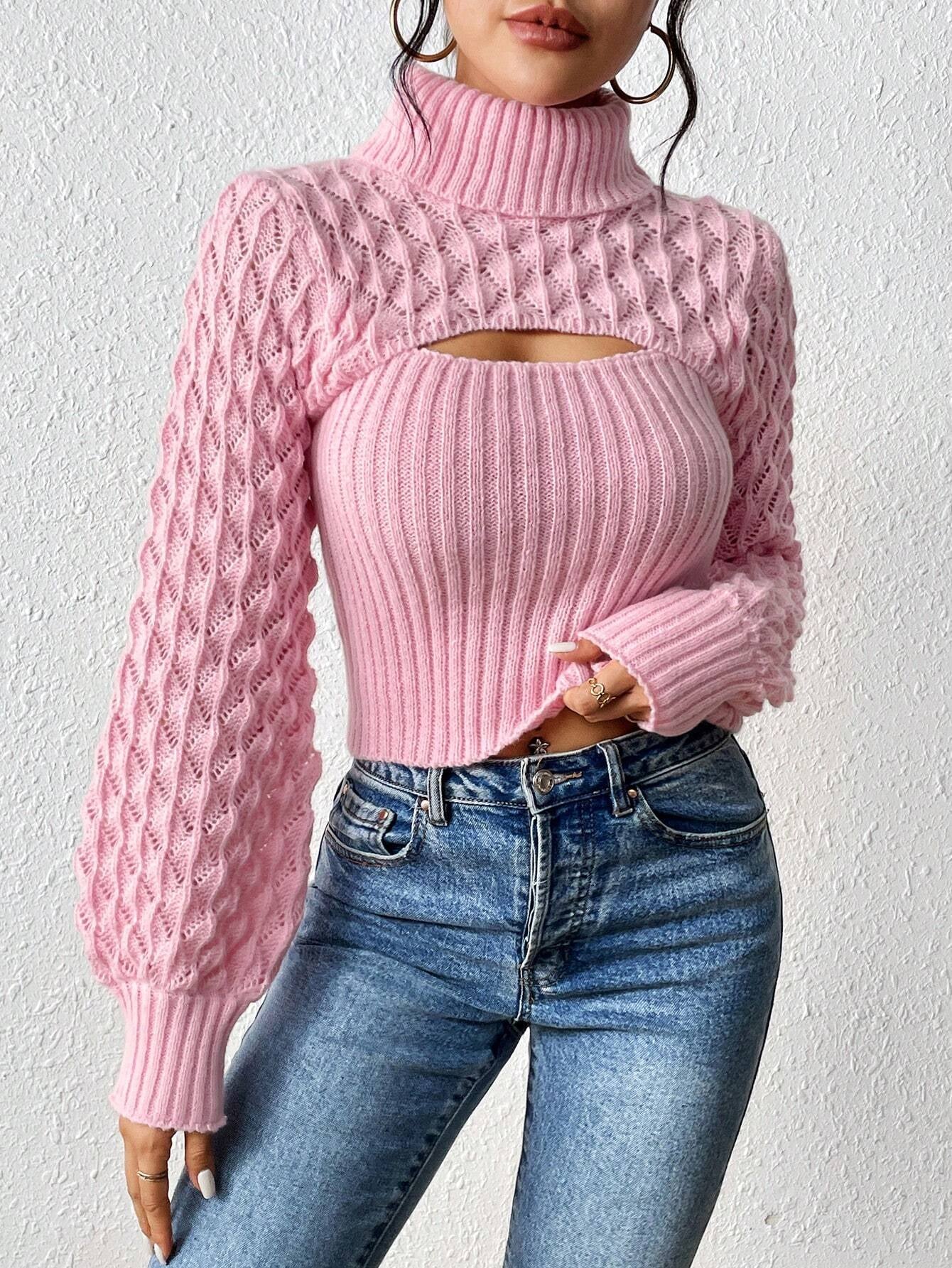 Chiquease Solid Turtleneck Cut Out Front Cable Knit Sweater,Long Sleeve Tops Knit Pullover Fall Winter Outfit