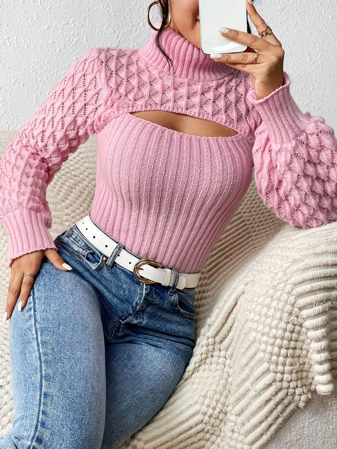 Chiquease Solid Turtleneck Cut Out Front Cable Knit Sweater,Long Sleeve Tops Knit Pullover Fall Winter Outfit