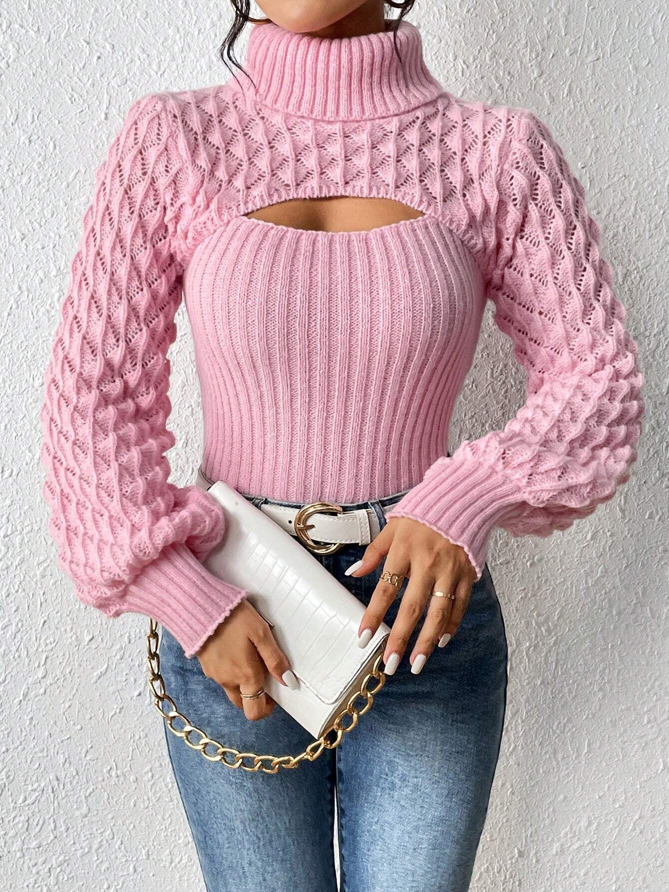 Chiquease Solid Turtleneck Cut Out Front Cable Knit Sweater,Long Sleeve Tops Knit Pullover Fall Winter Outfit