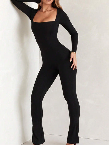 INAWLY Women'S Square Neck Long Sleeve Flare Jumpsuit Fall Cloth for Women