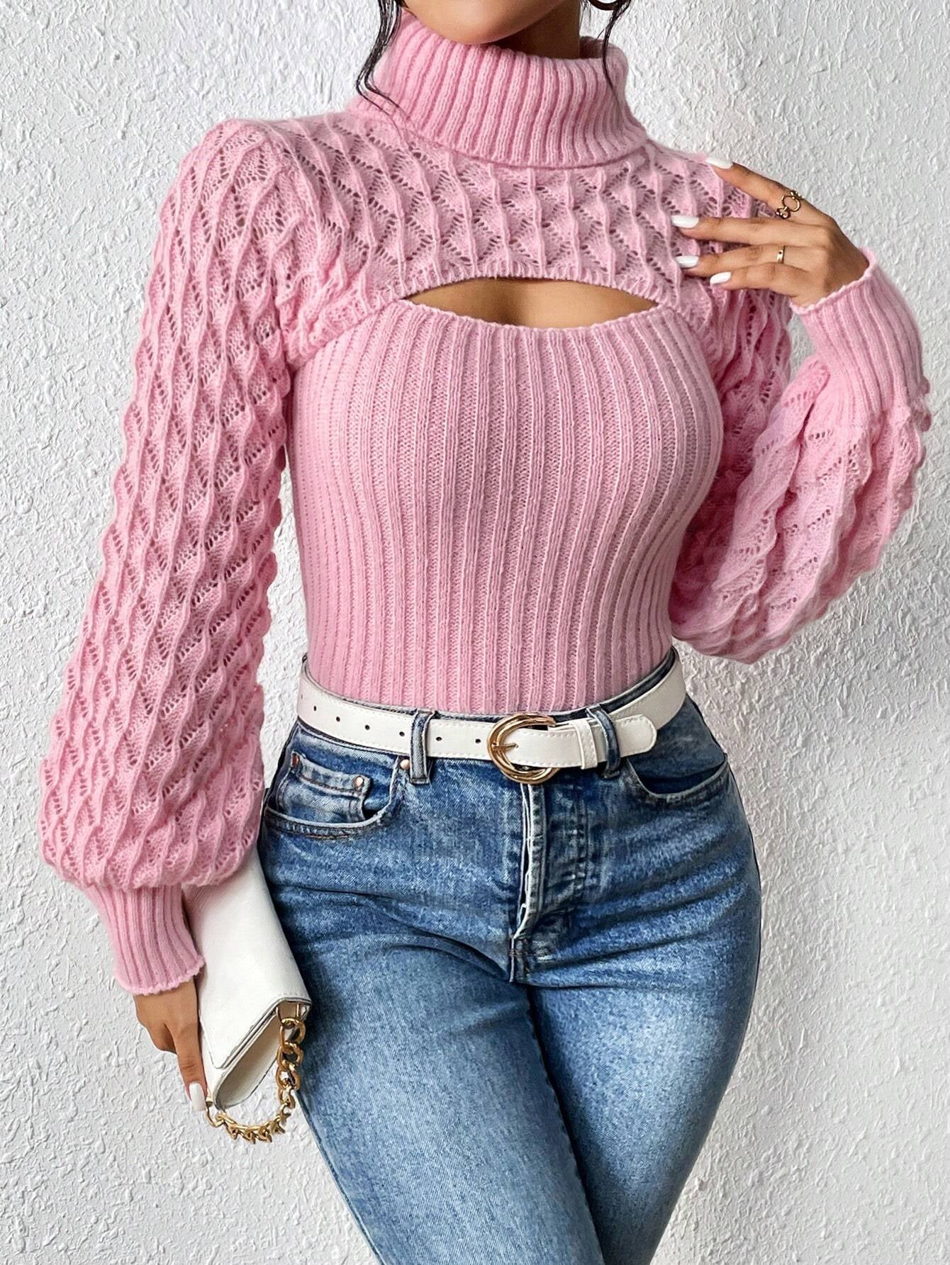Chiquease Solid Turtleneck Cut Out Front Cable Knit Sweater,Long Sleeve Tops Knit Pullover Fall Winter Outfit